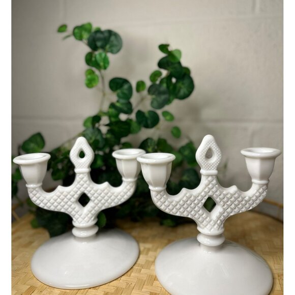 Westmoreland Other - Vintage Westmoreland Glass PAIR Candelabra Candle Holders English Hobnail White